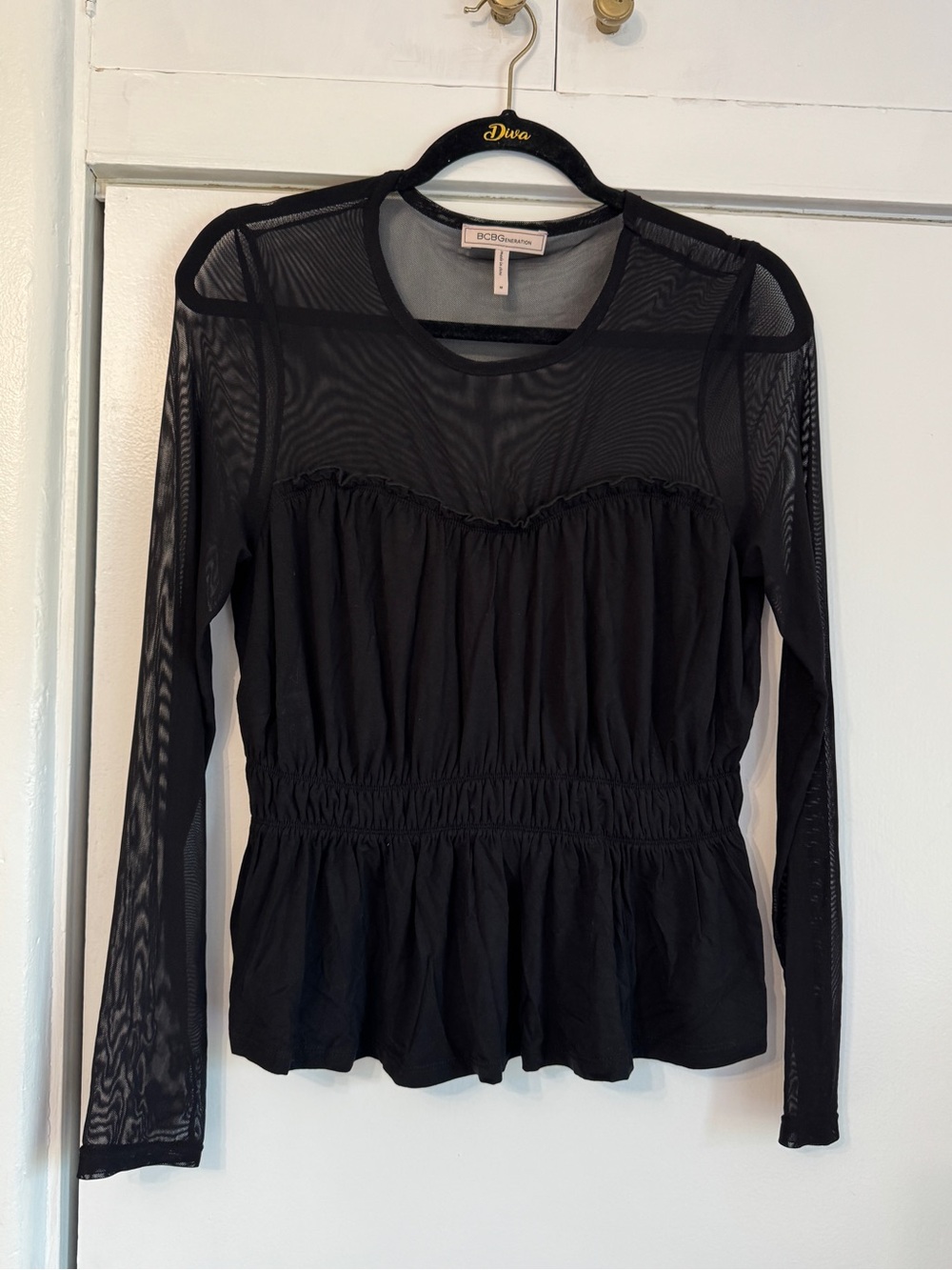 BCBGeneration Black Long-Sleeve Sheer Mesh Peplum Top